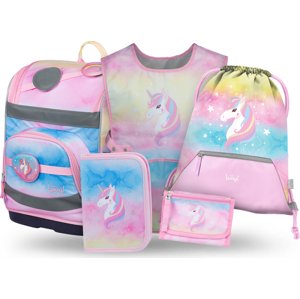 BAAGL SET 5 Zippy Plus Rainbow Unicorn: aktovka, penál, sáček, zástěra, peněženka